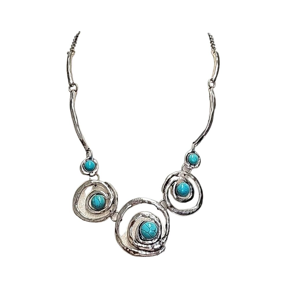 Boho Faux Turquoise Bead and Silvertone Circular Design with Curved Silver Chain